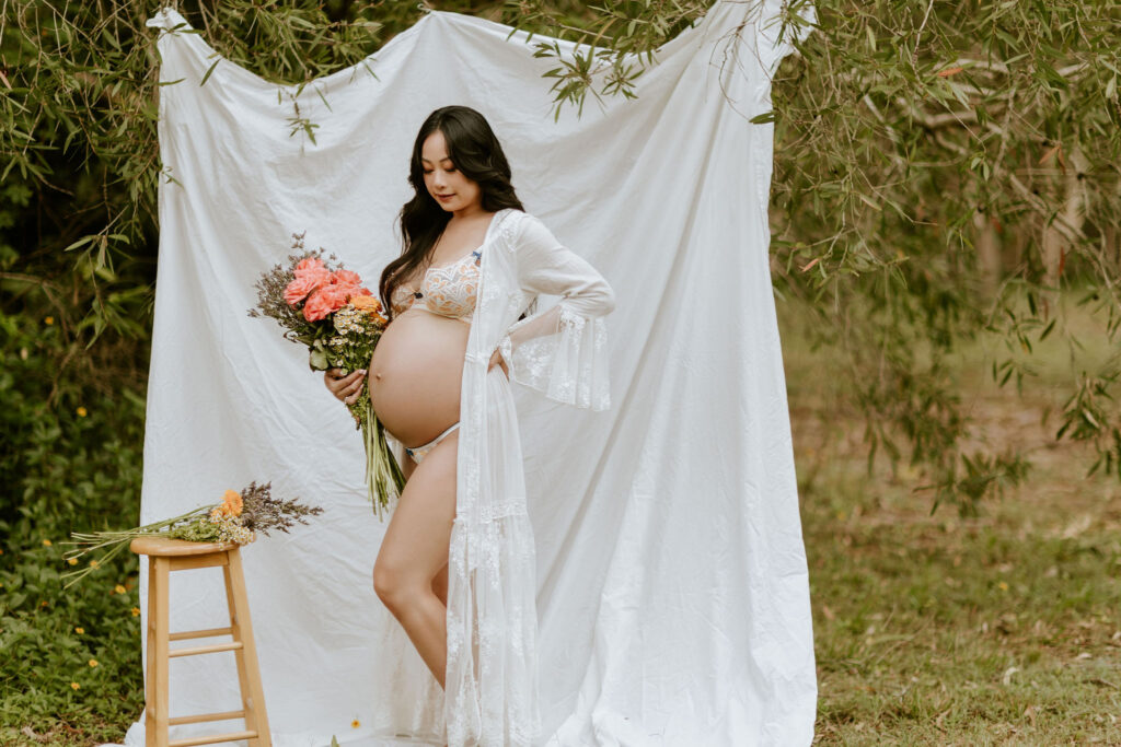 Natural light maternity photography Brisbane with floral styling